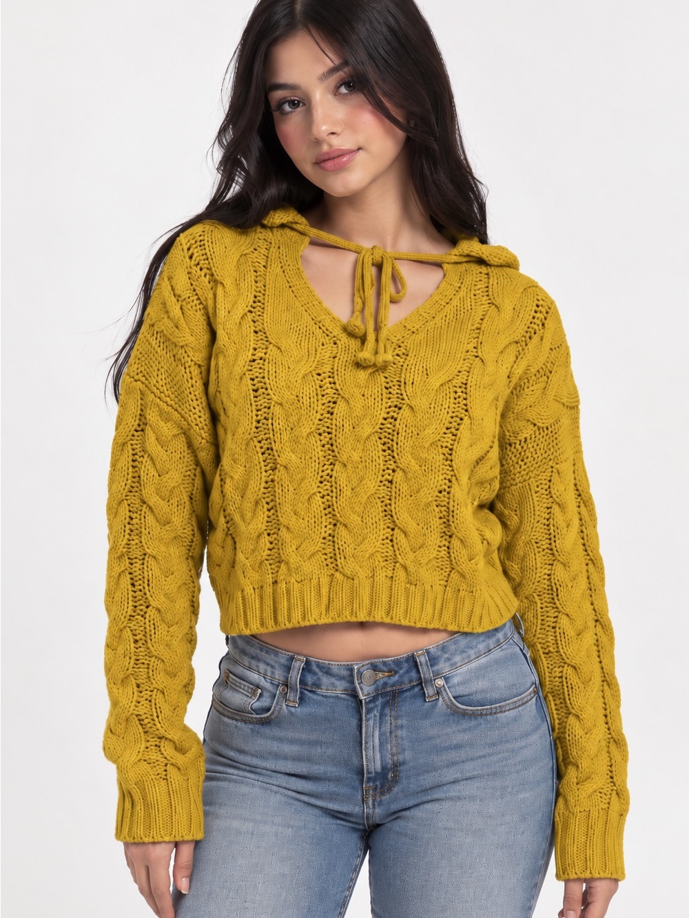 Cropped Cable Knit Tie-Front Sweater in mustard yellow
